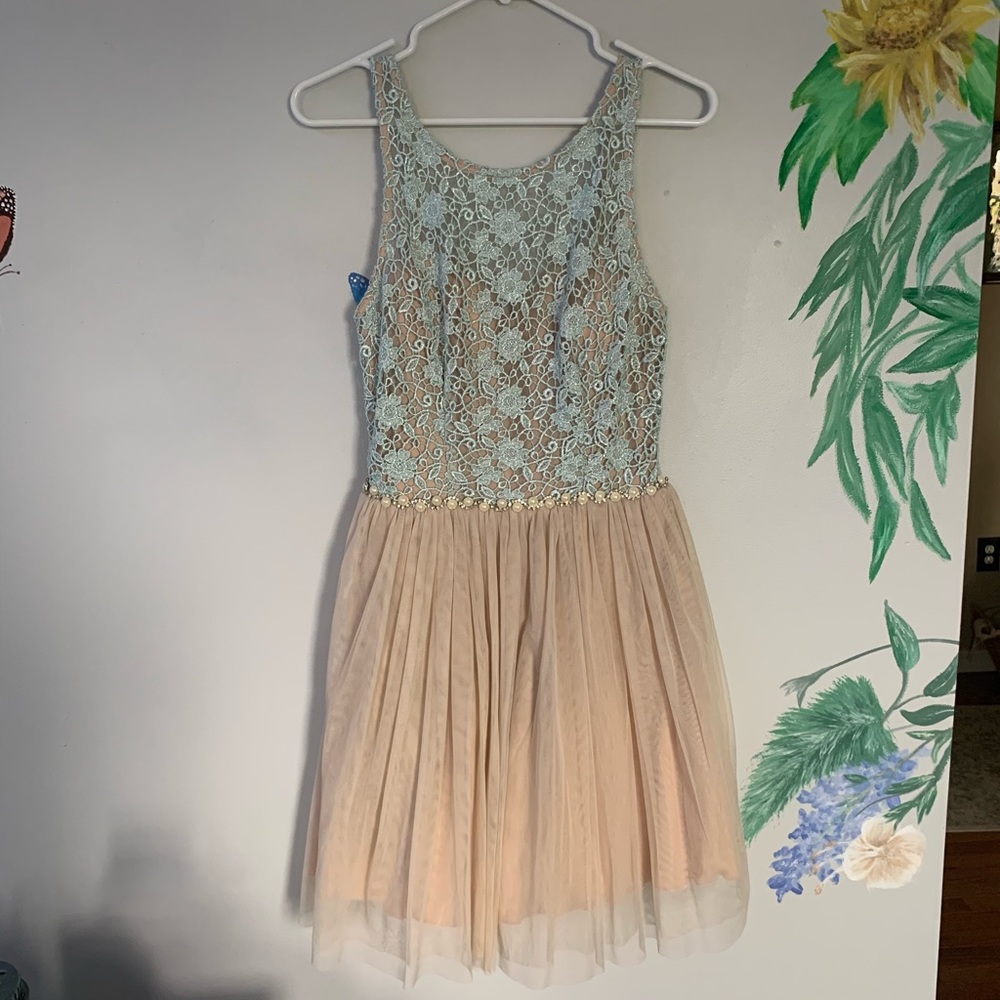 Size 5 Blue Floral Lace Formal Dress with Tulle